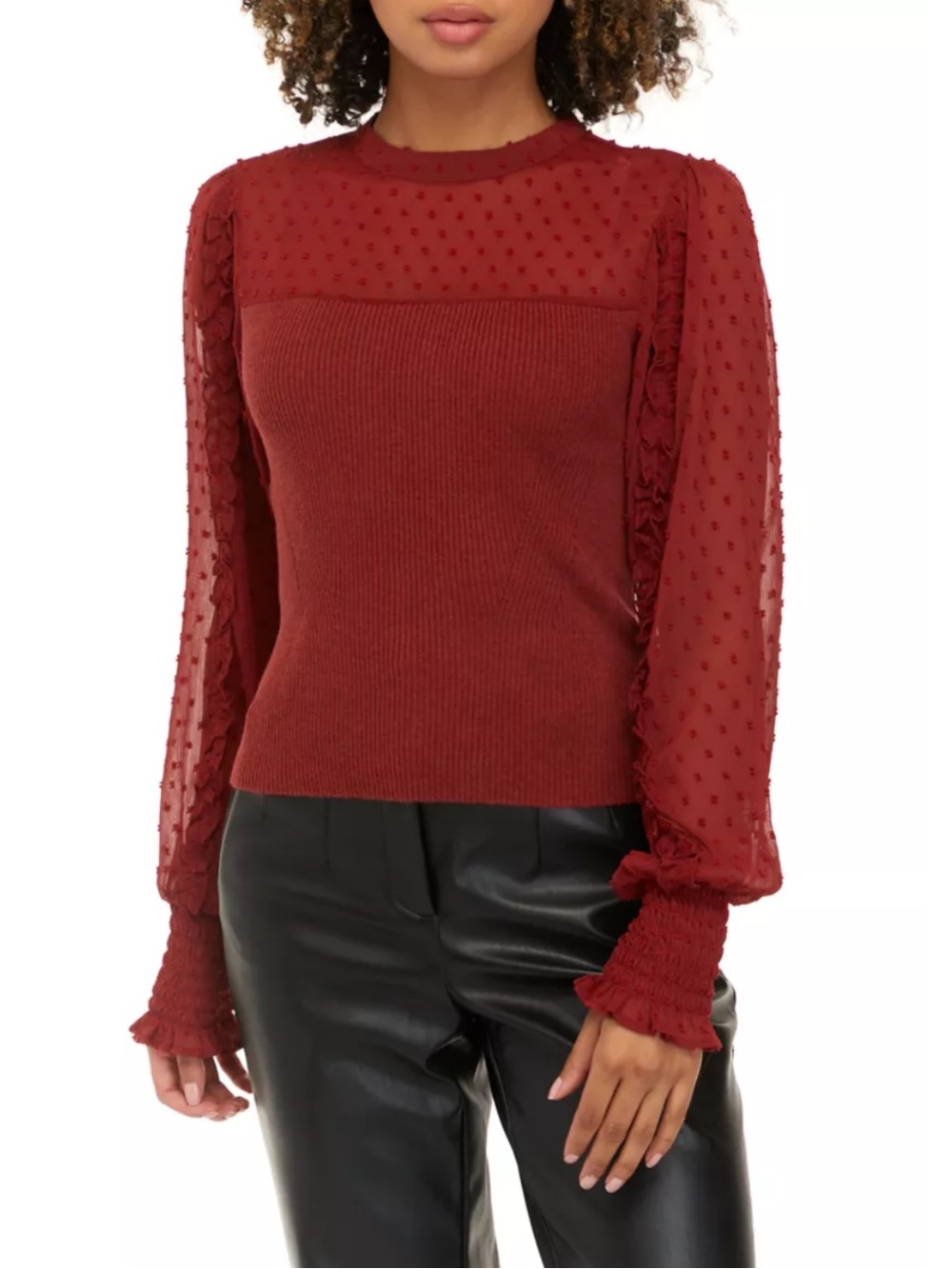 Sam Edelman Swiss Dot Puff Sleeve Long Sleeve Top in Rusty Red EUC